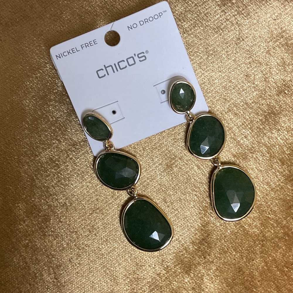 Chico's Gold-Tone Earrings with Deep Green Faceted Stones